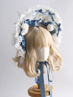 Step into the world of timeless elegance with our White Sweet Rosette Design Bonnet. This exquisite headpiece features delicate rosettes meticulously crafted to add a touch of vintage charm. The bonnet is adorned with enchanting blue bowknots, offering a beautiful contrast that enhances its graceful appeal. Lace Hairband, Demon Wings, Ribbon Headbands, Headpiece Jewelry, Fun Hair, Black Layers, Blue Bonnets, Small Things, Top Hat