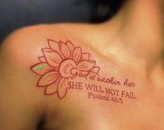 a woman with a tattoo on her shoulder that says god is within her she will not fail