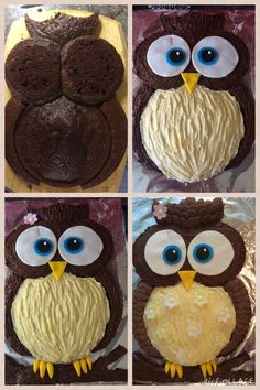 four pictures of an owl cake with frosting and chocolate icing on the top