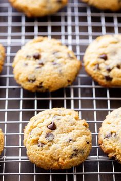 chocolate chip cookies cooling on a wire rack, ready to be baked in the oven