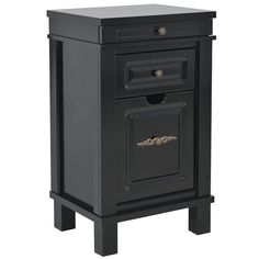 a black cabinet with an open drawer on the front and one door in the back