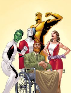 an image of a group of superheros standing around a man in a wheel chair