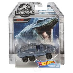 a toy car with a dinosaur on the front and back wheels, in a plastic package