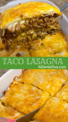 taco lasagna casserole is being lifted from the casserole dish