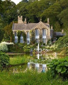 a large house surrounded by lush green trees and water lilies in the foreground