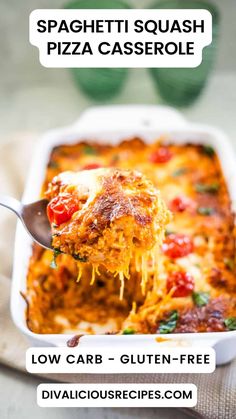 a spoon full of spaghetti casserole with the words low carb gluten - free