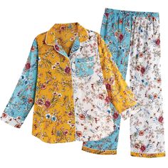 A happy mash-up of garden flora in a patchwork of saturated colors. You'll feel your mood lift each time you slip into them, at bedtime or lounging on a lazy weekend. 2-piece set with notched collar, full button front, long sleeves, single breast pocket, and white piping. Pants have an elastic drawstring waist and 30" inseam. 100% cotton, Sizes S(4-6), M(8-10), L(12-14), XL(14-16), 1X(18-20), 2X(20-22). Machine wash. Imported. Outfit Ideas Modest, Warm Pajamas, Lazy Weekend, Womens Pajamas, Pajamas For Women, Comfortable Pajamas, Cozy Pajamas, Body Suit Outfits, Soft Pajamas