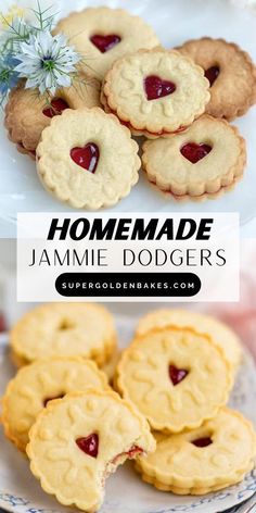 homemade jammie dodger cookies on a plate with the title above it and an image of