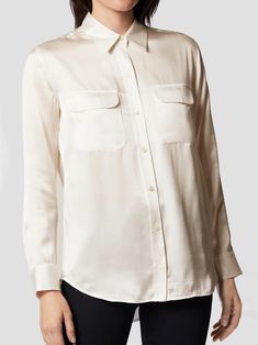 Nature White Women's Signature Silk Satin Shirt Nature White – Equipment Closet Needs, Iconic Dresses, Satin Shirt, White Silk, Everyday Wardrobe, Silk Shirt, S Models, Silk Satin, Style Guides