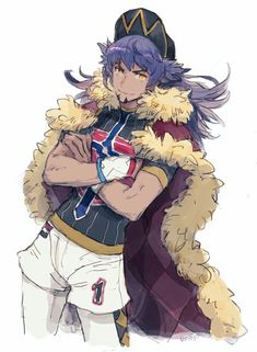 an anime character with purple hair wearing a fur coat and holding his arms around him