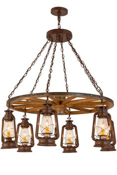 Meyda Tiffany - 160381 - Six Light Chandelier - Miner`S Lantern - Rust Wagon Wheel Light, Wooden Wagon Wheels, Wooden Lamps Design, Wooden Wagon, Wheel Chandelier, Wagon Wheel Chandelier, Cool Lamps, Wooden Lamp, Rustic Lighting