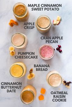 the ingredients for maple cinnamon sweet potato smoothie on a marble counter top with text overlay