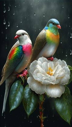 two birds sitting on top of a white flower with rain drops falling down behind them