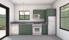 an empty kitchen with green cabinets and white appliances in the room next to large windows