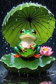 a frog sitting on top of a lily pad with an umbrella over it's head