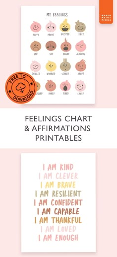 an orange and white poster with words on it that read feelings chart & affirmations printables