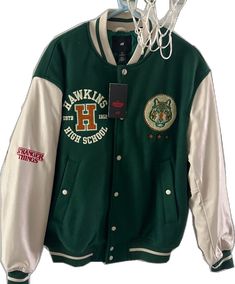 Stranger Things Jacket, H&m Men, Varsity Hoodie, Baseball Varsity Jacket, Polyester Jacket, H&m Jackets, Letterman Jacket, Jacket Brands, Green Cream