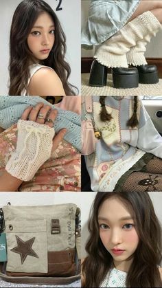 several pictures of different women's clothing and accessories, including an open handbag