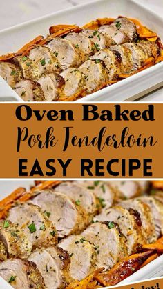 oven baked pork tenderloin in a casserole dish with text overlay