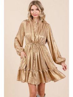 Jodifl Metallic Frilled Mock Neck Bubble Sleeve Button Up Dress – jfybrand Frilled Dress, New Obsession, Hem Blouse, Bubble Sleeve, Autumn Sales, Metallic Fabric, Button Up Dress, Mock Neckline, 70 Dress