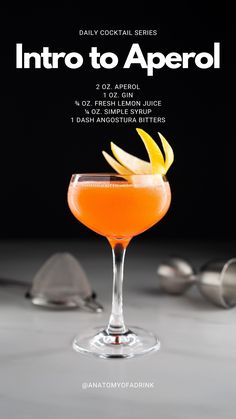 a cocktail in a coupe glass with an orange garnish on the rim and text that reads, into to aperol