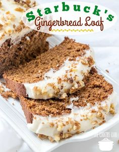 a close up of a cake on a plate with the words starbucks's gingerbread loaf