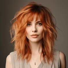 Shag Bangs For Fine Hair, Medium Length Haircut Copper, Shaggy Rocker Haircut, Shag Hairstyles Red Hair, Shag Haircuts For Medium Hair, Shaggy Hair Cuts For Women, Edgy Haircuts Medium Choppy Bangs, Haircut For Cowlick Woman, Medium Shaggy Haircuts Choppy Layers