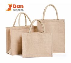 three jute bags with handles on white background