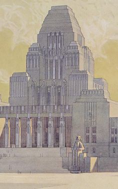 a drawing of a large building with people standing in front of it and the sky above