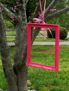 a pink frame hanging from a tree in the grass