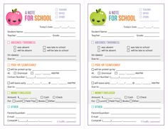 two school forms with apple faces and the words for school written in red on them