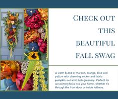 the front door is decorated with colorful flowers and wreaths for fall swagg