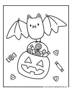 a coloring page with an image of a cat in a pumpkin bag and other items