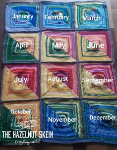 crocheted squares with the names of each month