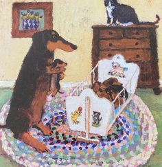 a painting of a dog sitting on top of a blanket next to a baby crib