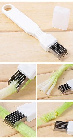 four different stages of cutting celery on a wooden table