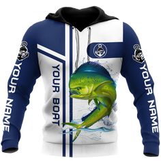 a blue and white hoodie with a fish on it