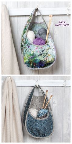 two pictures showing how to make a hanging purse with yarn and knitting needles in it