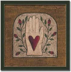 a painting of a hand with a heart in the middle and leaves around it on a brown background