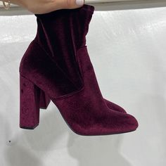 Plum Colored Velvet Boots. Brand New Never Worn. Size 8 Fitted Closed Toe Booties For Fall, Fitted Fall Booties With Closed Toe, Trendy Formal Fall Booties, Trendy Round Toe Booties For Formal Occasions, Fall Booties With Padded Ankle And Closed Toe, Burgundy Ankle Boot Heels For Winter, Trendy Burgundy Heels For Fall, Winter Padded Heel Closed Toe Boots, Winter Boots With Padded Heel And Closed Toe