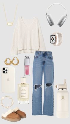 the contents of a woman's white sweater, jeans and shoes are arranged on a gray background