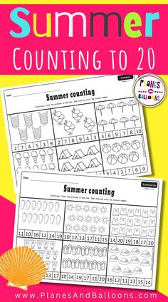 the summer counting to 20 worksheet is shown with an orange and yellow background