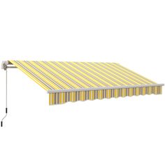 an awning with yellow and white stripes on the side, attached to a pole