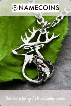 These hunting necklaces feature everything from buck and does to bucks and fish together. Create your own custom jewelry with us at NameCoins! Hunting Gifts For Him, Fishing Necklace, Hunting Gifts For Men, Relationship Necklaces, Hunting Jewelry, Cut Coin Jewelry, Gifts For Guys, Buck And Doe, Silver Quarters