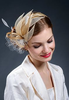 Beige champagne gold and gold fascinator hat for by MargeIilane Gold Gatsby Headpieces For Evening, Gold Gatsby Evening Headpieces, Gold Formal Headband, Gold Gatsby Style Formal Headpieces, Elegant Gold Headpieces For Ceremony, Elegant Gold Hair Accessories For Formal Occasions, Elegant Fascinator With Feathers For Events, Elegant Feather Fascinator For Events, Wedding Feather Trim Headband For Royal Ascot