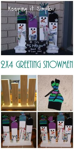 several pictures of snowmen made out of cardboard boxes and paper bags with writing on them