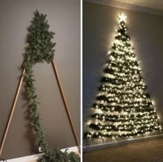 a christmas tree is decorated with lights and greenery in the shape of a triangle