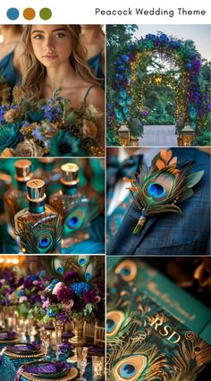 peacock wedding theme in teal, gold and purple with blue flowers on the table