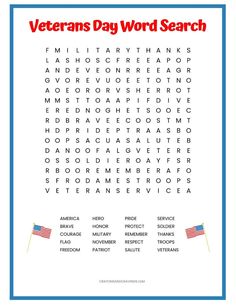 the veterans day word search is shown in red, white and blue