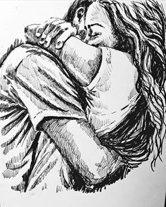 a black and white drawing of a woman hugging her head with hair blowing in the wind